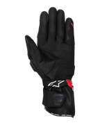 Alpinestars SP-3 handschoenen, motorhandschoenen, zwart, felrood en wit, handpalmzicht toont lederen constructie met gripverstevigingen, touchscreen-compatibele vingertop, lange manchet met wit logo en rode accenten, sport- en race-ontwerp