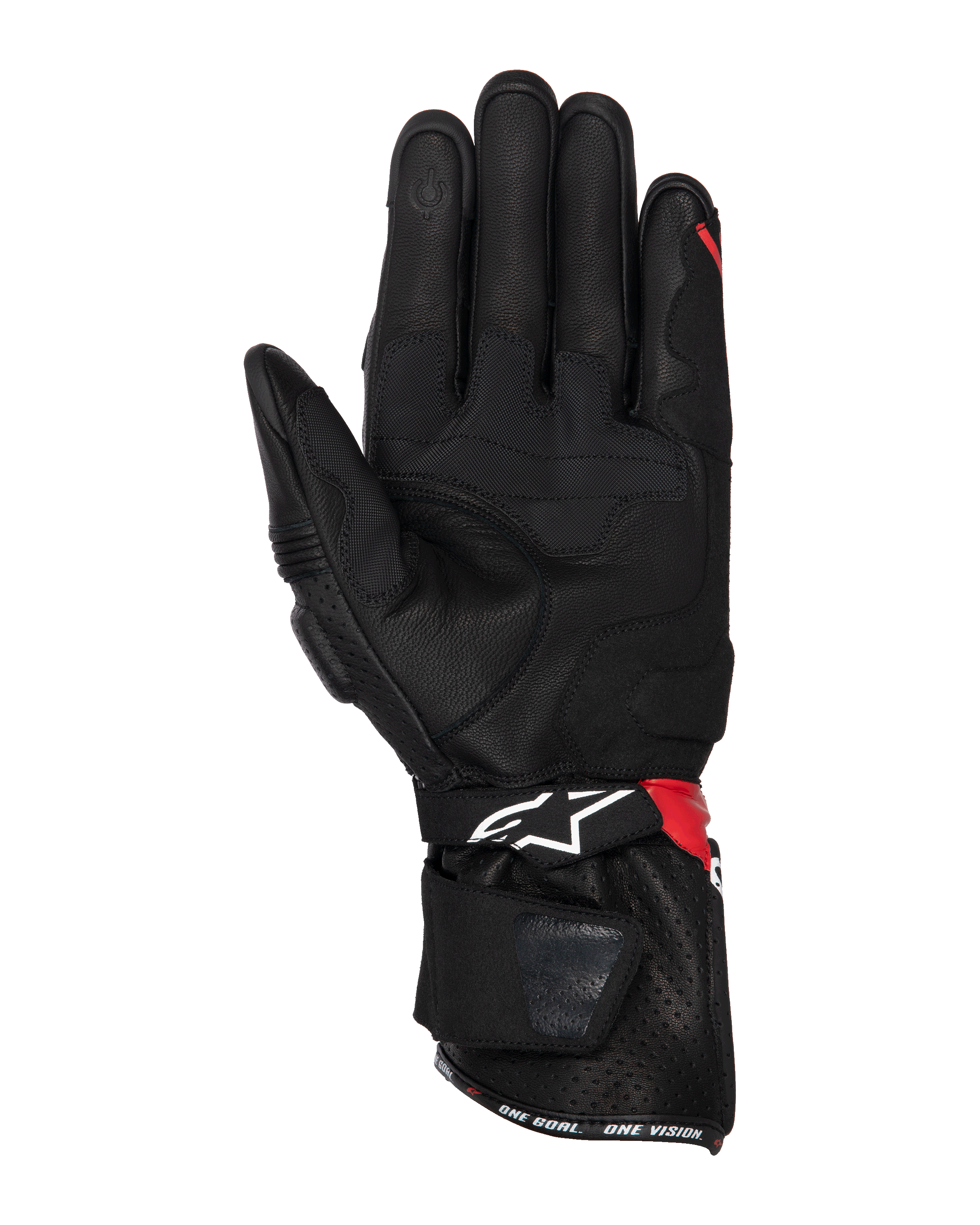 Alpinestars SP-3 handschoenen, motorhandschoenen, zwart, felrood en wit, handpalmzicht toont lederen constructie met gripverstevigingen, touchscreen-compatibele vingertop, lange manchet met wit logo en rode accenten, sport- en race-ontwerp