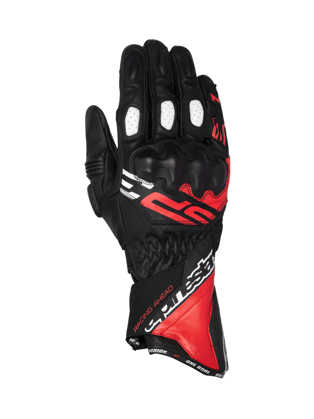 Alpinestars SP-3 Gloves, men's motorcycle racing gloves, black, red, and white leather, long cuff with knuckle protection.
