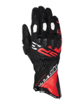 Alpinestars SP-3 handschoenen, motorhandschoenen met lange manchet, zwart met felrode en witte accenten, PU-bedekte knokkelbescherming, witte geperforeerde vingerpanelen, race-geïnspireerd ontwerp met opvallende branding, duurzame constructie van geitenleer