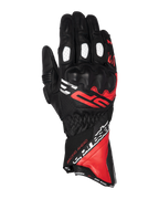 Alpinestars SP-3 handschoenen, motorhandschoenen met lange manchet, zwart met felrode en witte accenten, PU-bedekte knokkelbescherming, witte geperforeerde vingerpanelen, race-geïnspireerd ontwerp met opvallende branding, duurzame constructie van geitenleer