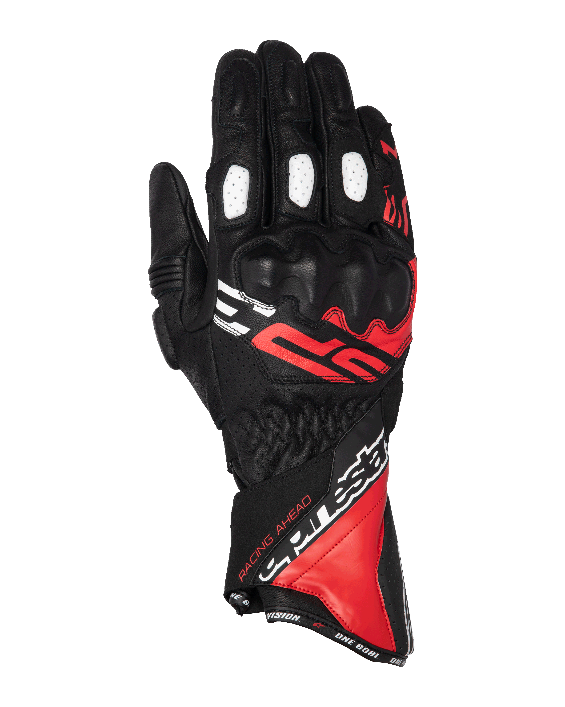 Alpinestars SP-3 handschoenen, motorhandschoenen met lange manchet, zwart met felrode en witte accenten, PU-bedekte knokkelbescherming, witte geperforeerde vingerpanelen, race-geïnspireerd ontwerp met opvallende branding, duurzame constructie van geitenleer