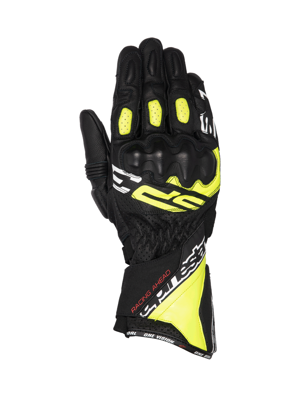 Alpinestars SP-3 handschoenen, racing motorhandschoenen voor heren, zwart en fluo geel leer met CE-gecertificeerde knokkelbescherming, lange manchet en voorgevormde constructie.