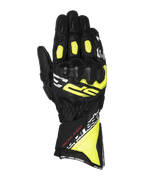 Alpinestars SP-3 Gloves, Motorcycle Racing Gloves, Black Yellow Fluo and White, long cuff design with reinforced knuckle protection, full goat leather construction, accordion flex panels on fingers, and secure dual closure system