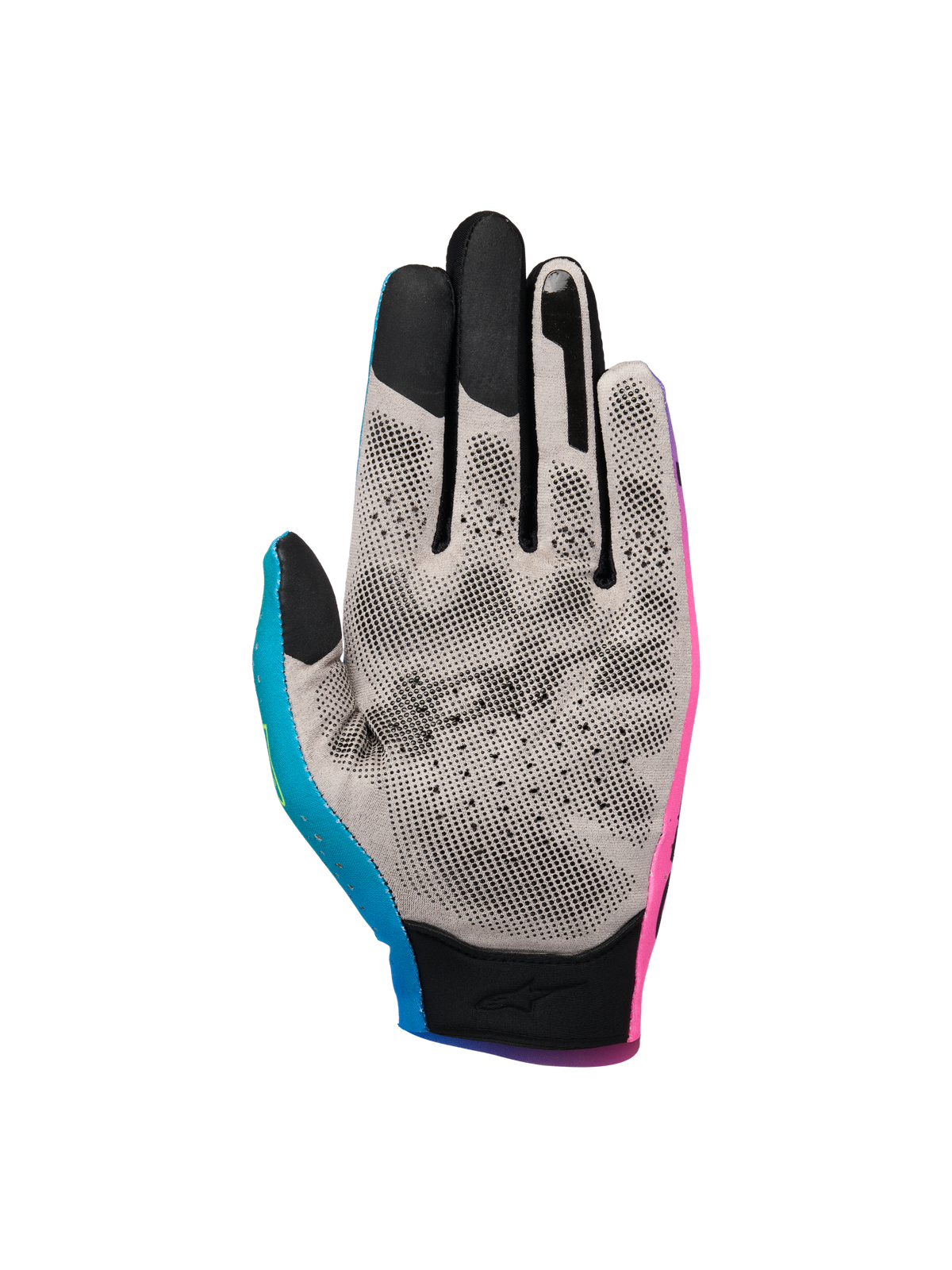 Alpinestars Sim Gloves Graphic 2, SIM-racehandschoenen, roze, cyaan en zwart, binnenzijde met grijs Nanofront-materiaal en zwart 3D-grippatroon, touchscreen-compatibele vingertoppen, gespecialiseerd voor virtuele raceprestaties.
