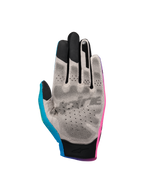Alpinestars Sim Gloves Graphic 2, SIM-racehandschoenen, roze, cyaan en zwart, binnenzijde met grijs Nanofront-materiaal en zwart 3D-grippatroon, touchscreen-compatibele vingertoppen, gespecialiseerd voor virtuele raceprestaties.