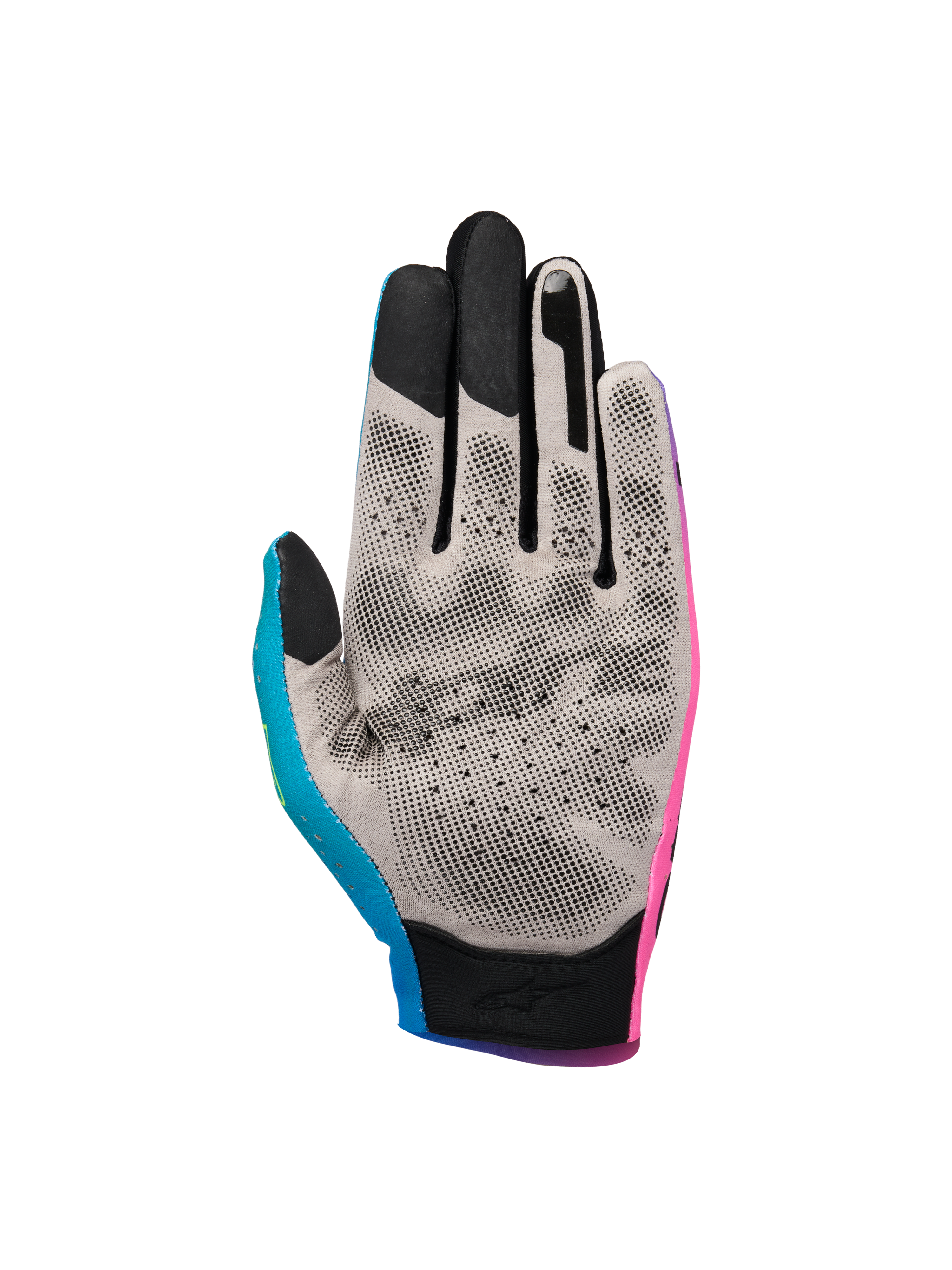 Alpinestars Sim Gloves Graphic 2, SIM-racehandschoenen, roze, cyaan en zwart, binnenzijde met grijs Nanofront-materiaal en zwart 3D-grippatroon, touchscreen-compatibele vingertoppen, gespecialiseerd voor virtuele raceprestaties.