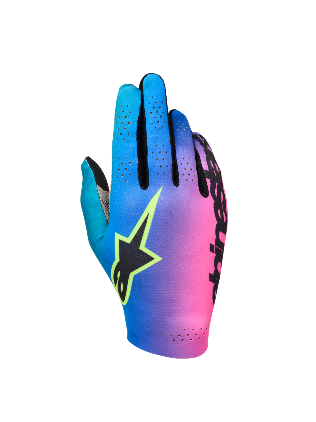 Alpinestars Sim Gloves Graphic 2, SIM racehandschoenen, kleurverloop van cyaan naar paars en roze, zwart sterlogo met felgele rand, geperforeerde handrug voor ventilatie, lichtgewicht gaming-uitrusting