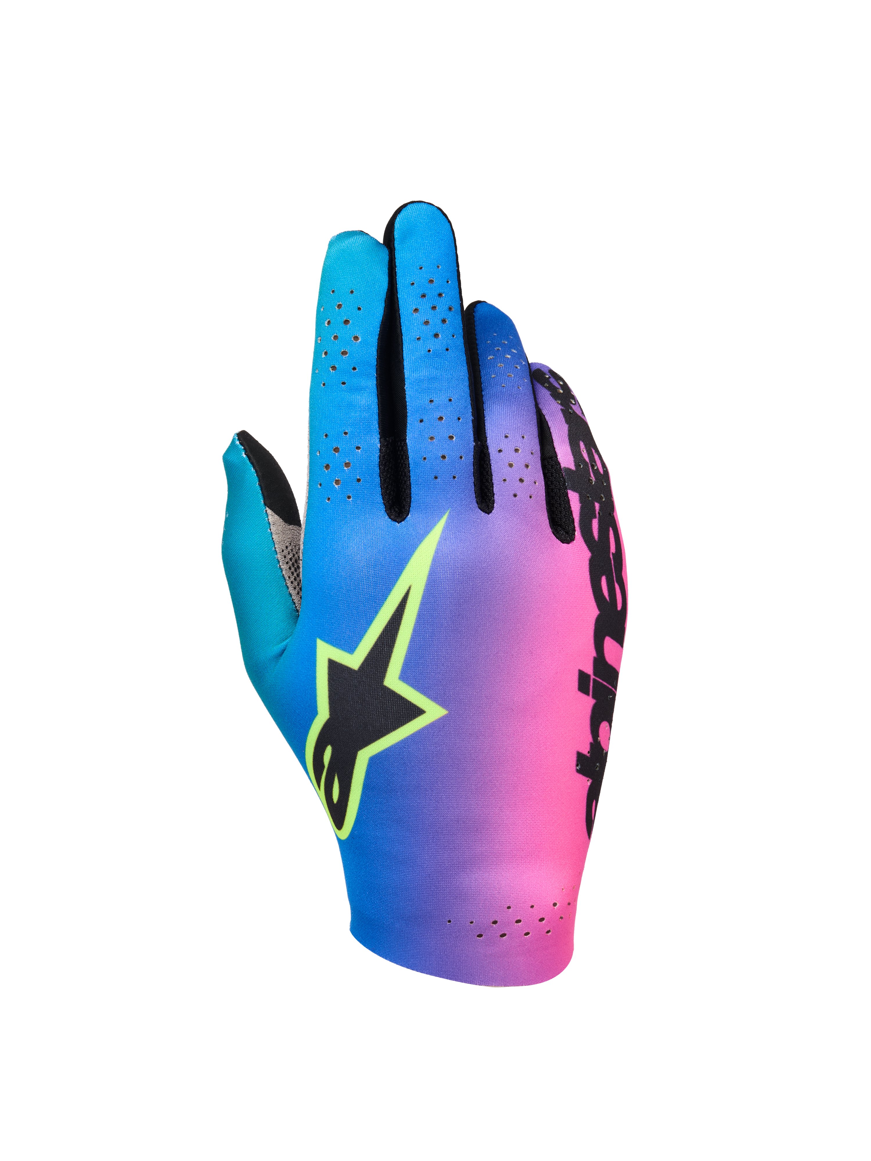 Alpinestars Sim Gloves Graphic 2, SIM racehandschoenen, kleurverloop van cyaan naar paars en roze, zwart sterlogo met felgele rand, geperforeerde handrug voor ventilatie, lichtgewicht gaming-uitrusting