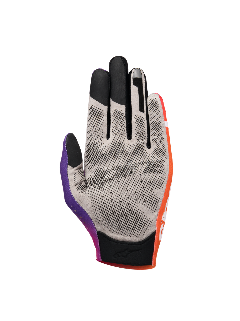 Alpinestars Sim Gloves Graphic 2, sim-racehandschoenen, oranje, neonpaars en wit, handpalmweergave met grijze stof en zwarte 3D-geprinte gripstippen, touchscreen-compatibele vingertoppen en korte manchet voor precisie bij virtueel racen