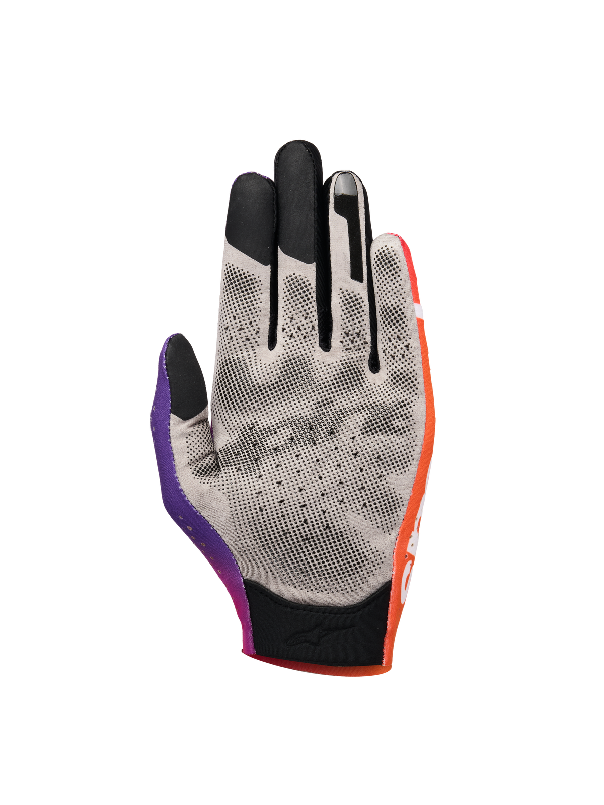 Alpinestars Sim Gloves Graphic 2, sim-racehandschoenen, oranje, neonpaars en wit, handpalmweergave met grijze stof en zwarte 3D-geprinte gripstippen, touchscreen-compatibele vingertoppen en korte manchet voor precisie bij virtueel racen