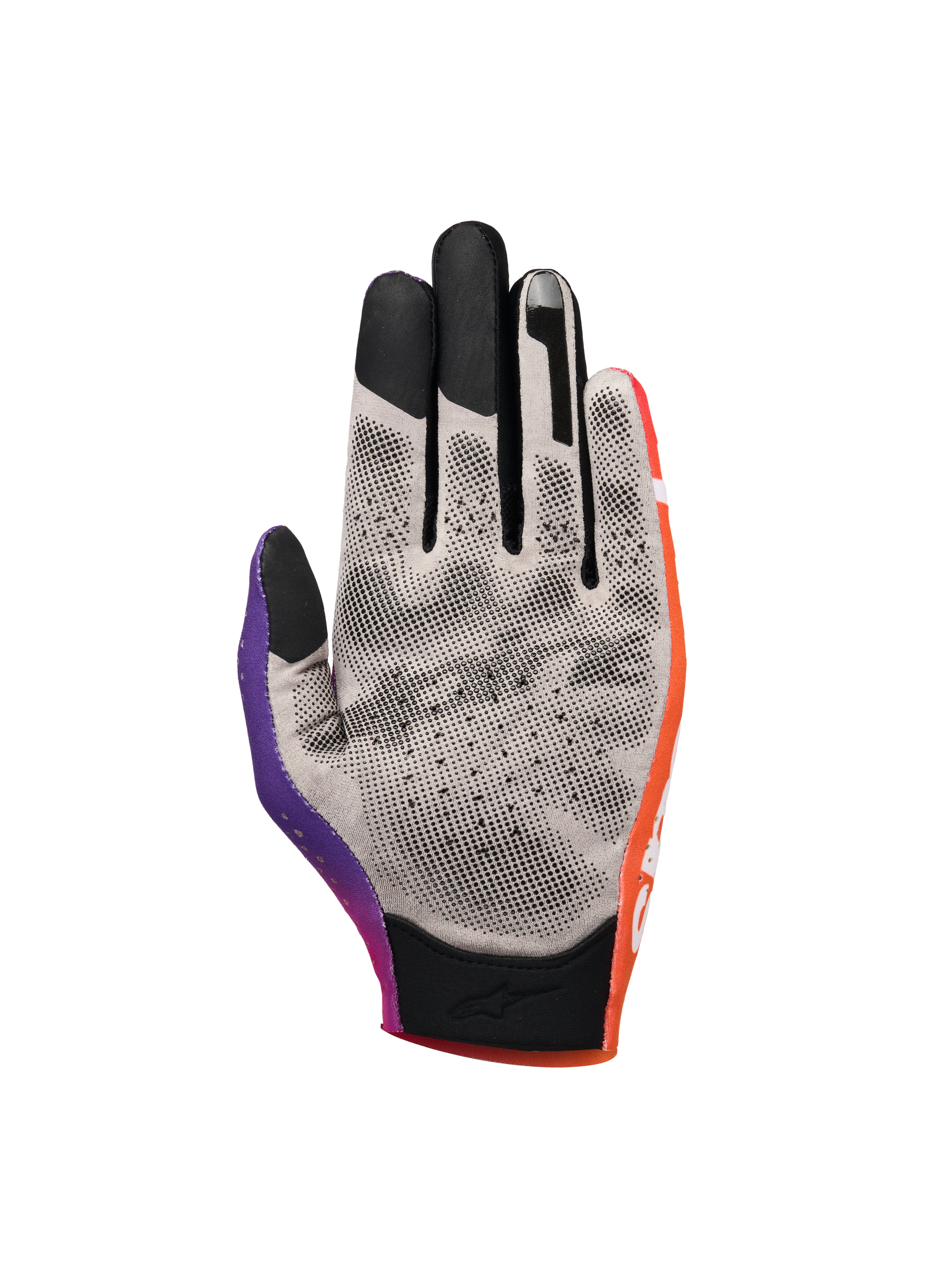Alpinestars Sim Gloves Graphic 2, sim-racehandschoenen, oranje, neonpaars en wit, handpalmweergave met grijze stof en zwarte 3D-geprinte gripstippen, touchscreen-compatibele vingertoppen en korte manchet voor precisie bij virtueel racen