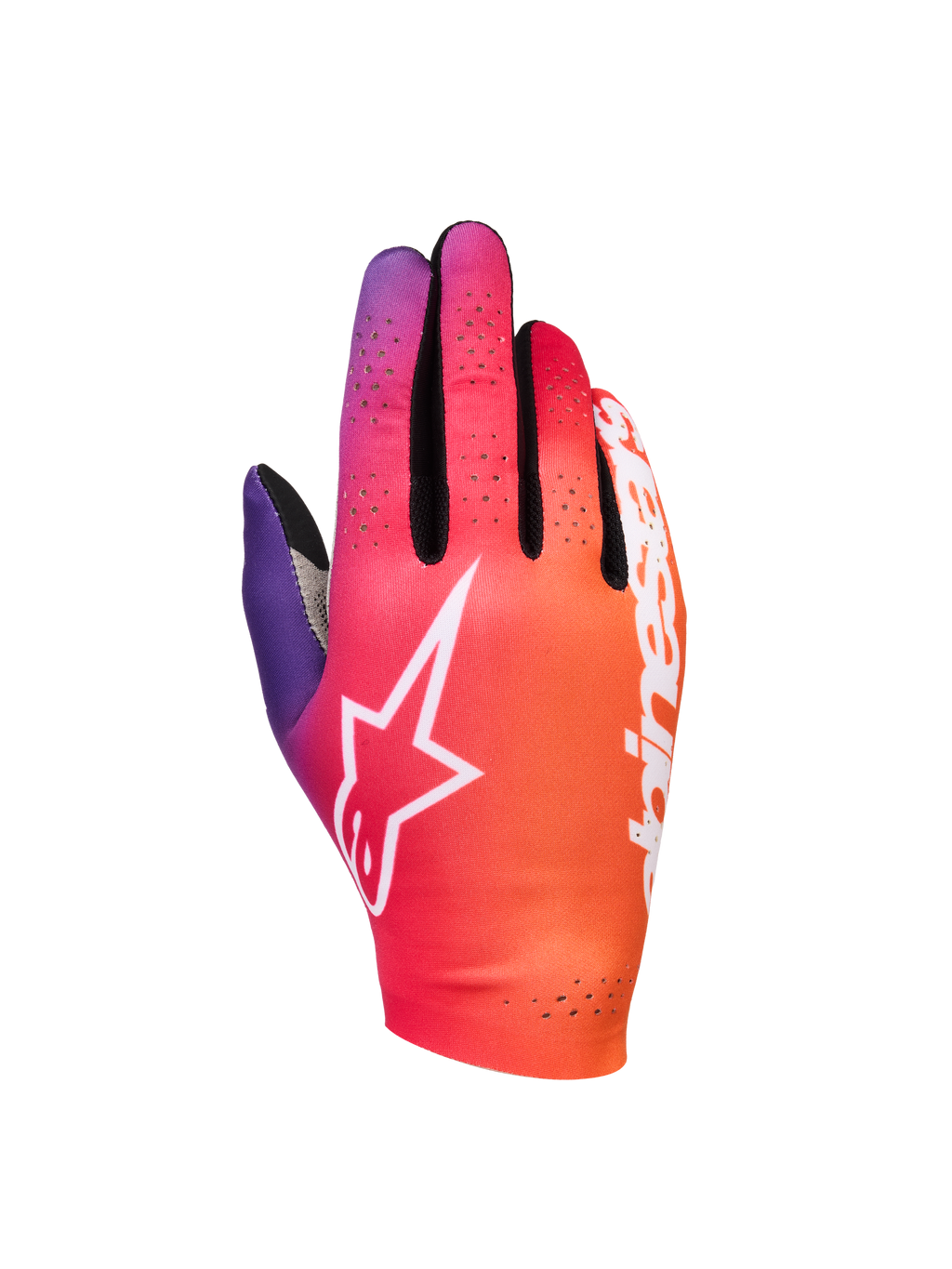 Alpinestars Sim Gloves Graphic 2, sim-racehandschoenen, kleurverloop van neon oranje, paars en wit, met een wit sterlogo, geperforeerde ventilatiedetails en lichtgewicht stretchstof met zwarte mesh-accenten