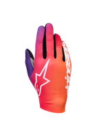 Alpinestars Sim Gloves Graphic 2, sim-racehandschoenen, kleurverloop van neon oranje, paars en wit, met een wit sterlogo, geperforeerde ventilatiedetails en lichtgewicht stretchstof met zwarte mesh-accenten