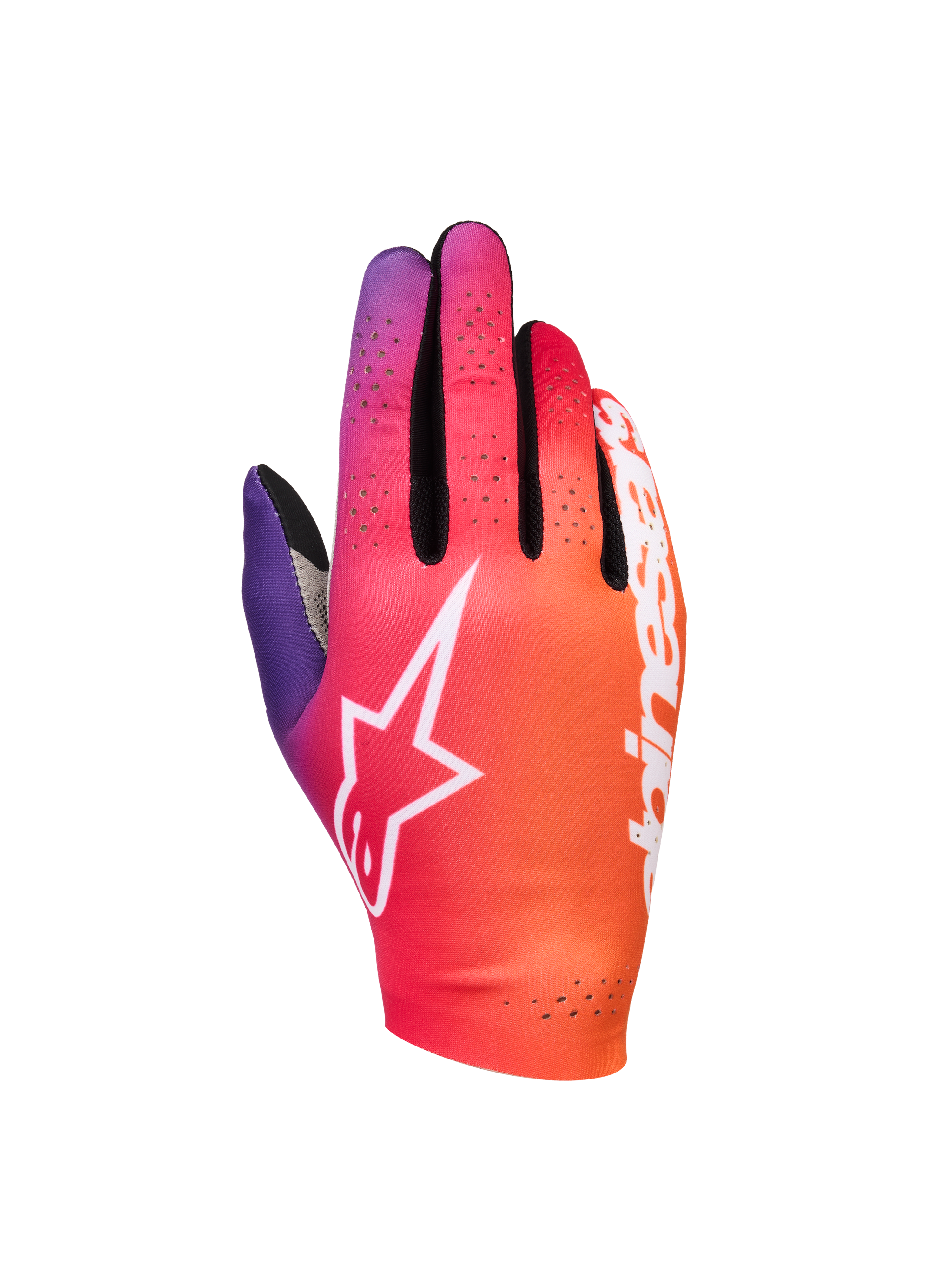 Alpinestars Sim Gloves Graphic 2, sim-racehandschoenen, kleurverloop van neon oranje, paars en wit, met een wit sterlogo, geperforeerde ventilatiedetails en lichtgewicht stretchstof met zwarte mesh-accenten