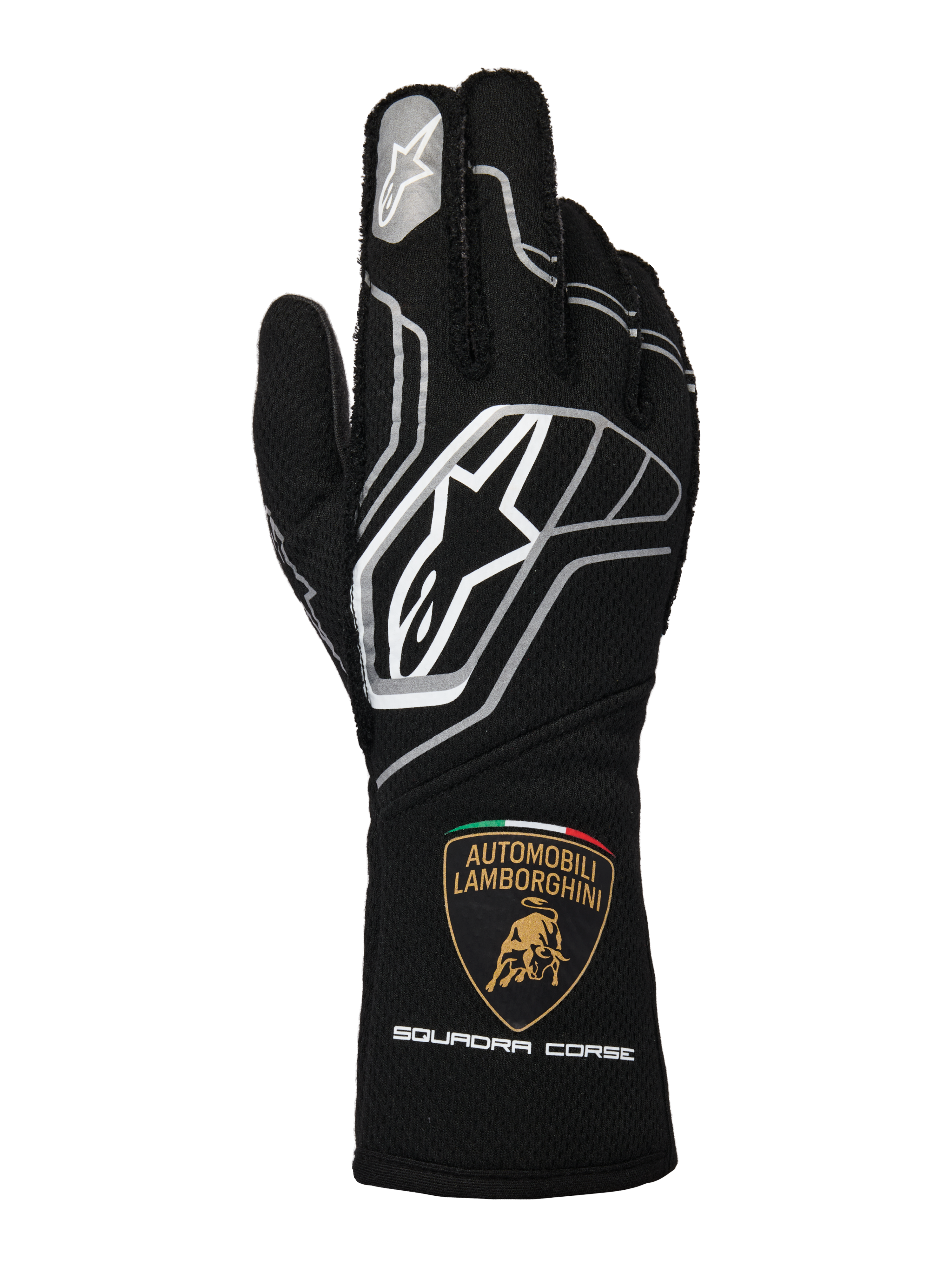 Alpinestars Limited Edition Lamborghini Tech-1 ZX V4 handschoenen, zwart met donkergrijze en witte accenten, met het opvallende Alpinestars-logo en het Automobili Lamborghini Squadra Corse-schild op de manchet, professionele FIA-gecertificeerde autoracehandschoenen