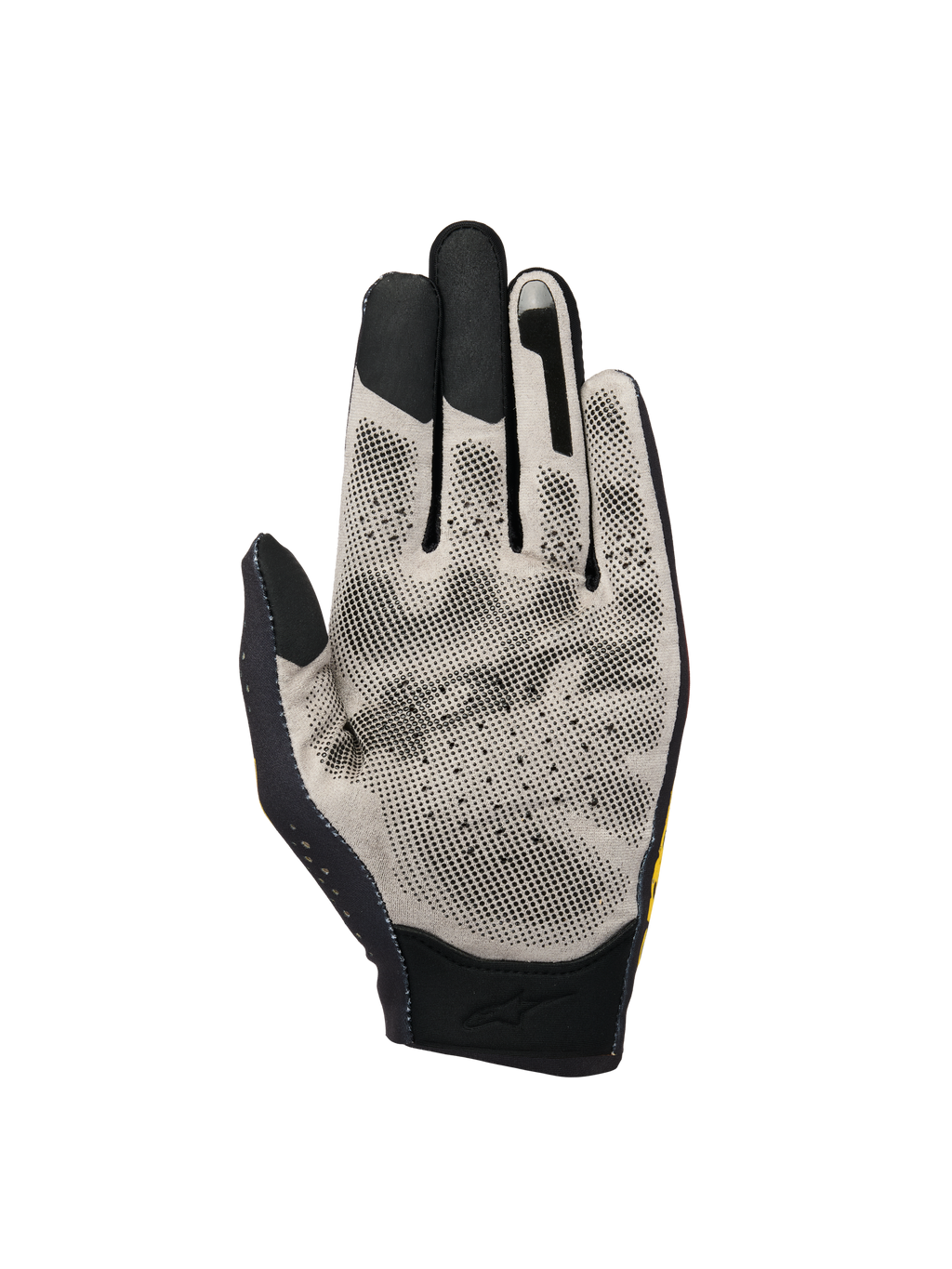 Alpinestars Sim Gloves Graphic 3, SIM-racehandschoenen, handpalmweergave met lichtgrijze Nanofront®-stof en zwart 3D-gestippeld grippatroon, touchscreen-compatibele vingertoppen en ademende geperforeerde constructie voor virtueel racen.