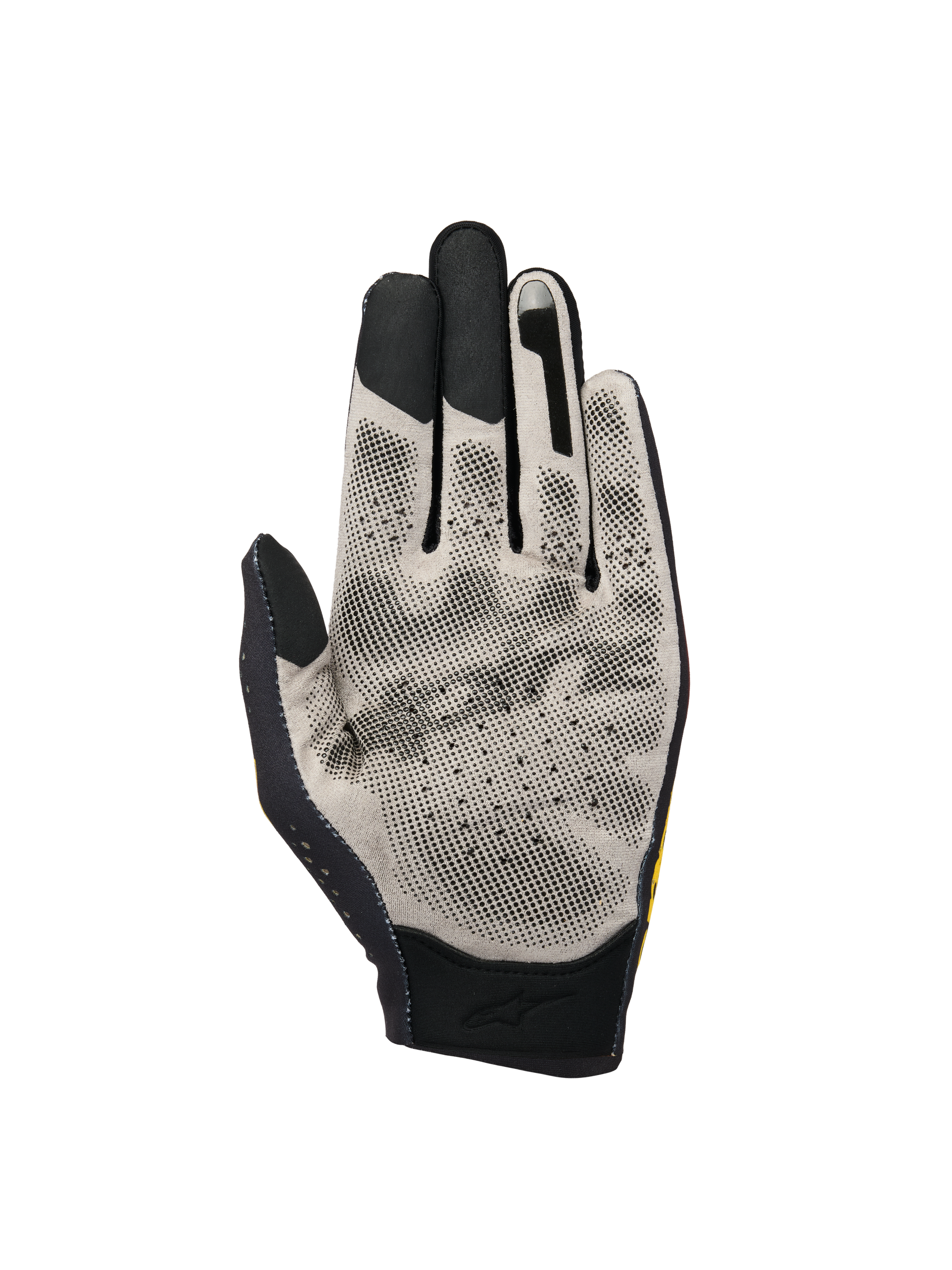 Alpinestars Sim Gloves Graphic 3, SIM-racehandschoenen, handpalmweergave met lichtgrijze Nanofront®-stof en zwart 3D-gestippeld grippatroon, touchscreen-compatibele vingertoppen en ademende geperforeerde constructie voor virtueel racen.