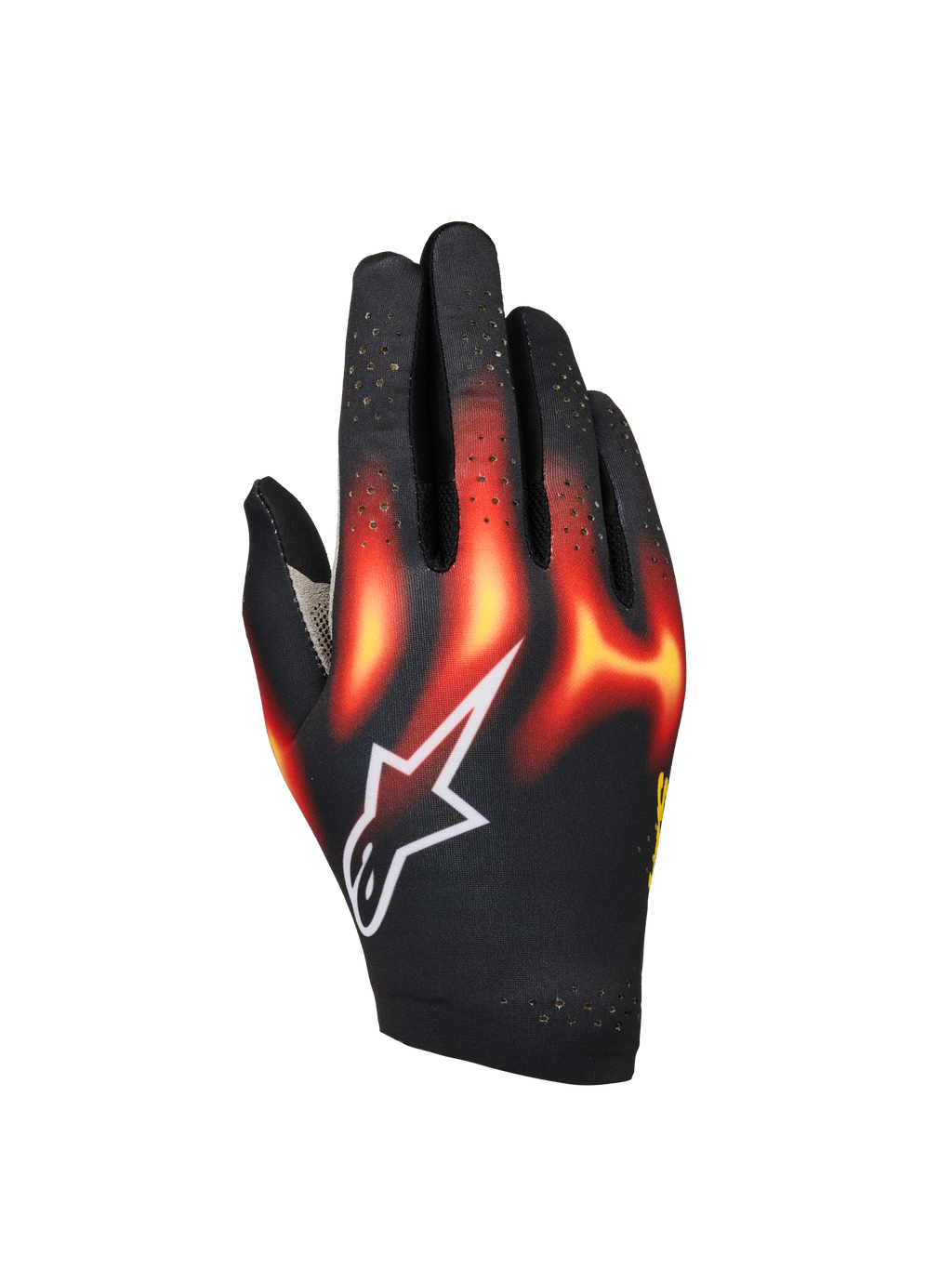 Alpinestars Sim Gloves Graphic 3, sim-racehandschoenen, zwart met felrode en warm gele vlammenprint, wit ster-logo, geperforeerde vingers voor ventilatie, lichtgewicht en flexibele constructie voor virtueel racen