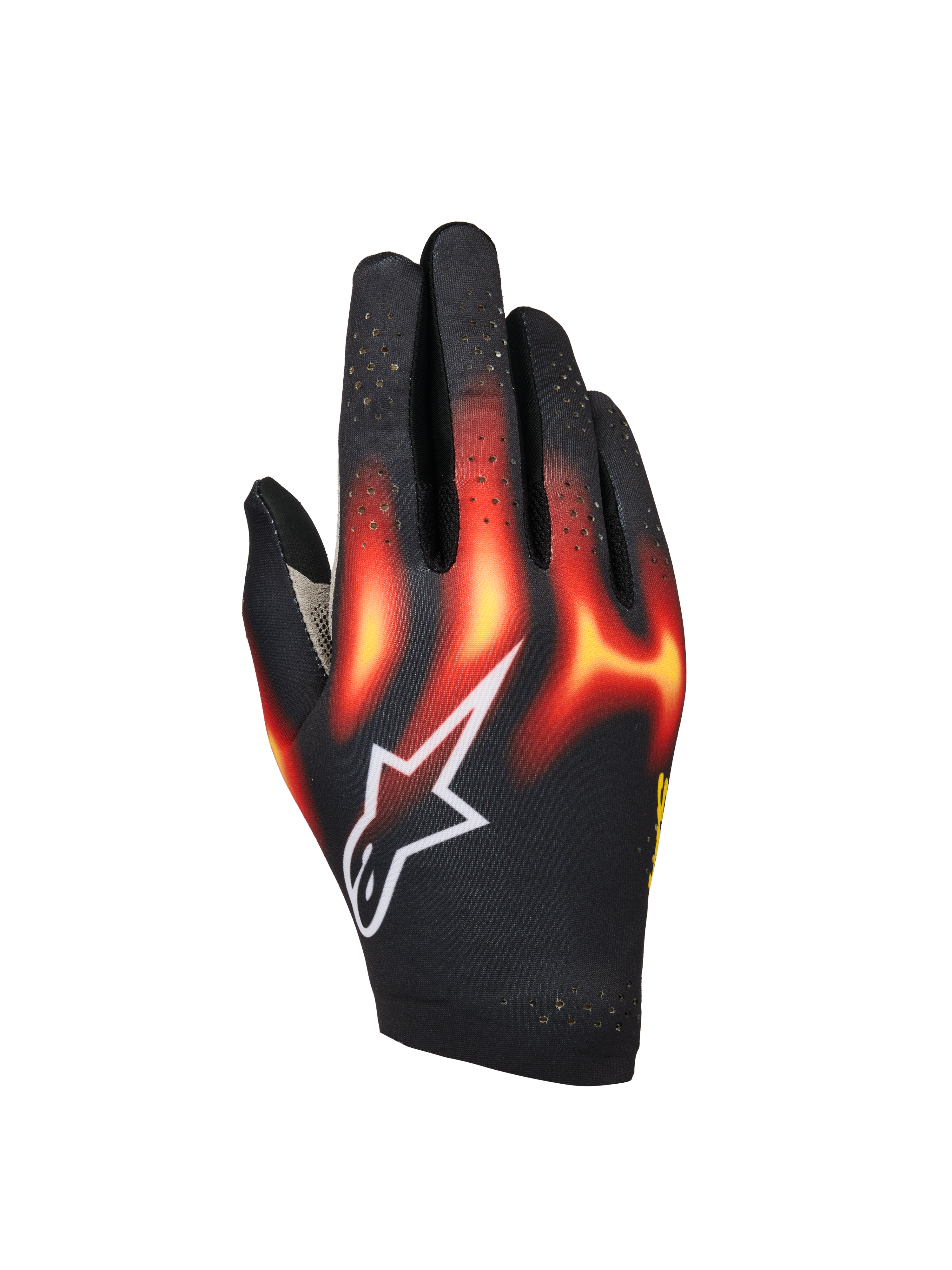 Alpinestars Sim Gloves Graphic 3, sim-racehandschoenen, zwart met felrode en warm gele vlammenprint, wit ster-logo, geperforeerde vingers voor ventilatie, lichtgewicht en flexibele constructie voor virtueel racen
