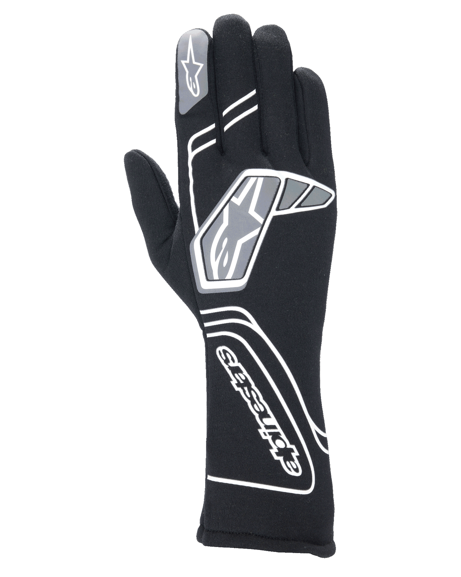 Alpinestars Tech-1 Start V4 FIA-handschoenen, professionele autorace-handschoenen, zwart met witte en grijze geometrische patronen en Alpinestars-branding, verlengde manchet voor hitte- en vuurbescherming, lichtgewicht voorgevormd ontwerp voor de autosport