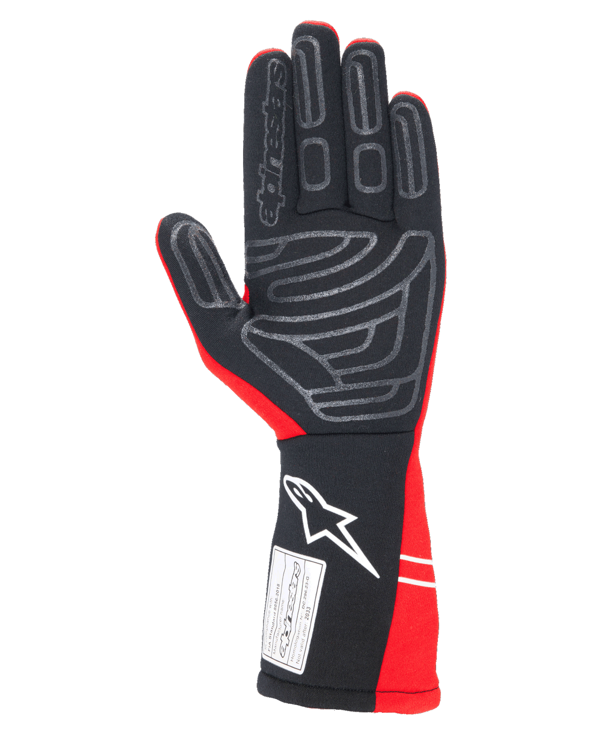 Alpinestars Tech-1 Start V4 FIA-handschoenen, autoracehandschoenen, rood en zwart, handpalmzijde met grijze siliconen grippatronen, wit Alpinestars-logo op de verlengde manchet, FIA 8856-2018 certificeringslabel