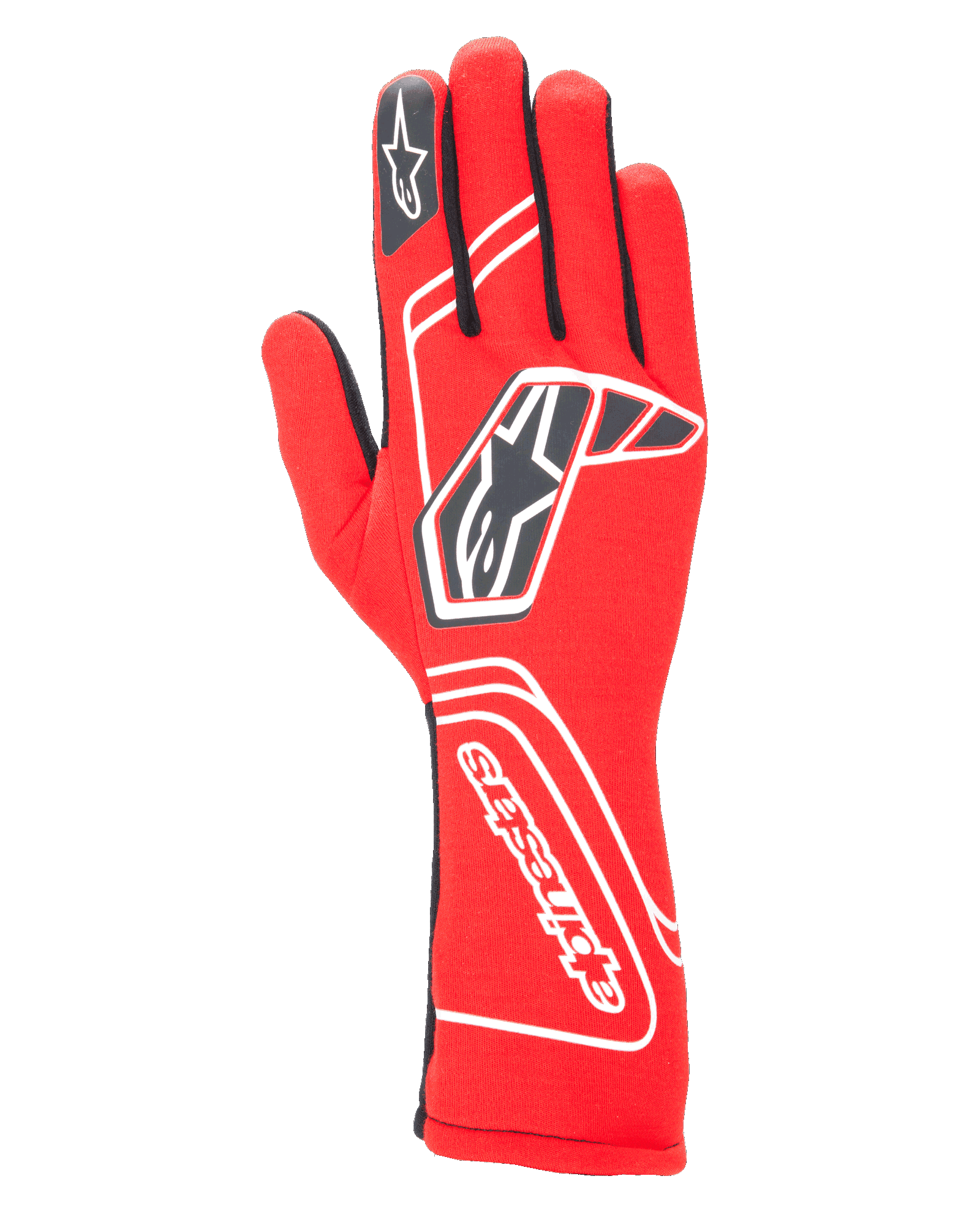 Alpinestars Tech-1 Start V4 handschoenen FIA, autosport racinghandschoenen, rood met zwarte en witte accenten, voorzien van een opvallend sterlogo op de rug en de merknaam op de manchet, verlengd manchetontwerp, professionele motorsportuitrusting