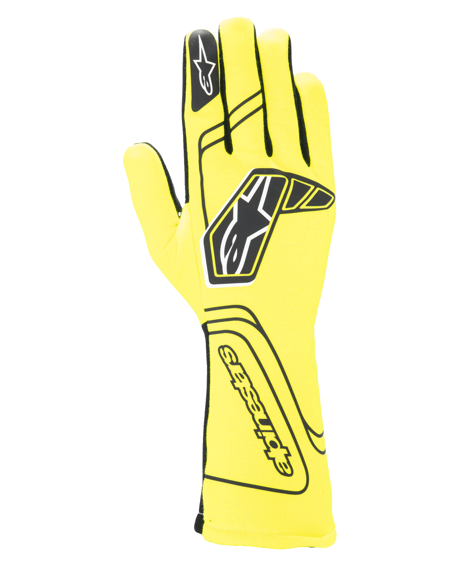 Alpinestars Tech-1 Start V4 handschoenen FIA, autoracehandschoenen, fluogeel en zwart, met een groot zwart sterlogo op de rug, naadloze vingerconstructie en verlengde manchet voor brandbescherming, FIA-goedgekeurde motorsportuitrusting