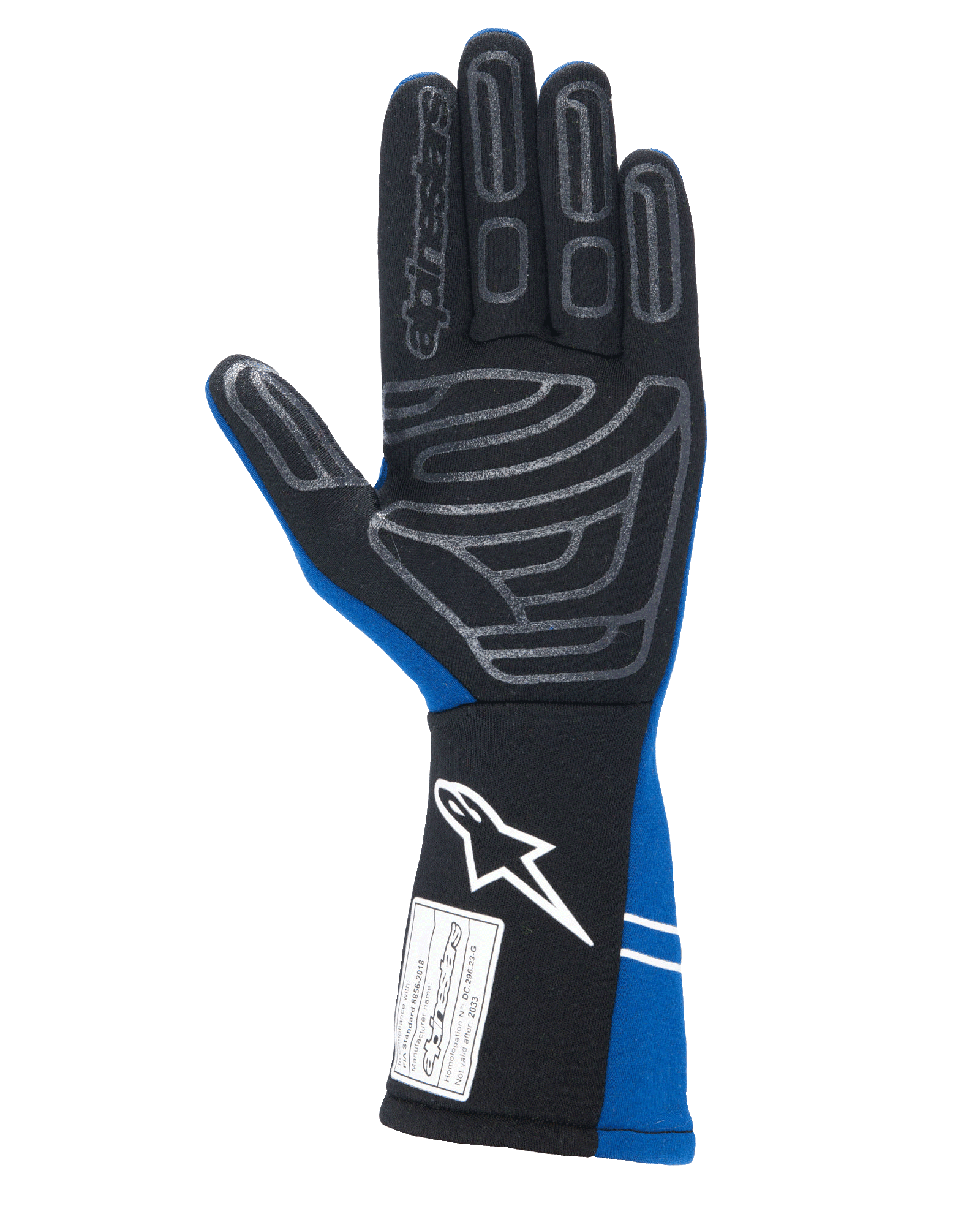 Alpinestars Tech-1 Start V4 FIA-handschoenen, autoracehandschoenen, koningsblauw en zwart, handpalmaanzicht met grijs siliconen grippatroon op de vingers en handpalm, verlengde manchet met wit logo en FIA-homologatielabel