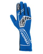 Alpinestars Tech-1 Start V4 handschoenen FIA, autoracehandschoenen, koningsblauw, voorzien van witte geometrische branding en zwarte sterlogo's, verlengde manchet met verticale Alpinestars-tekst, gestroomlijnde naadloze constructie voor lichtgewicht prestaties, FIA-gecertificeerde professionele race-uitrusting