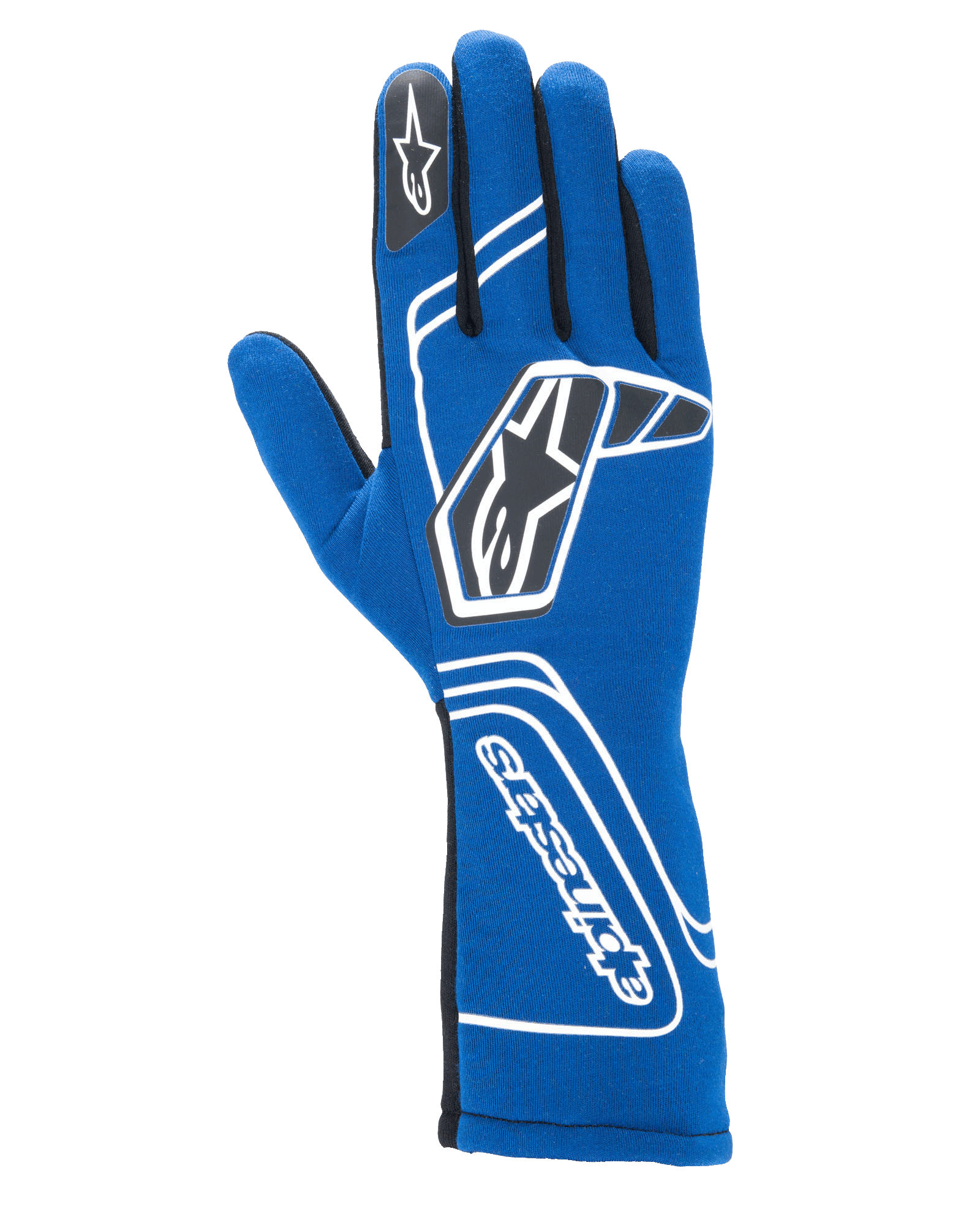 Alpinestars Tech-1 Start V4 handschoenen FIA, autoracehandschoenen, koningsblauw, voorzien van witte geometrische branding en zwarte sterlogo's, verlengde manchet met verticale Alpinestars-tekst, gestroomlijnde naadloze constructie voor lichtgewicht prestaties, FIA-gecertificeerde professionele race-uitrusting
