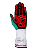 Alpinestars Tech-1 K V3 Gloves, Karting Gloves, White Green and Red, palm view featuring black synthetic suede with red silicone grip patterns, green thumb accent, white long cuff with FIA homologation label and red branding, professional racing gear