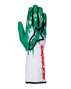 Alpinestars Tech-1 K V3 Gloves, Karting Racing Gloves, White Green and Red, large black star logo on back of hand, vertical red Alpinestars branding on gauntlet, green and white graphic pattern on fingers, technical fitted design
