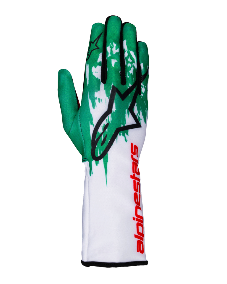 Alpinestars Tech-1 K V3 handschoenen, karthandschoenen, wit, groen en rood, met een groene bovenkant met splash-graphics, groot zwart Astars-logo en een lange witte manchet met rode branding, professioneel race-ontwerp