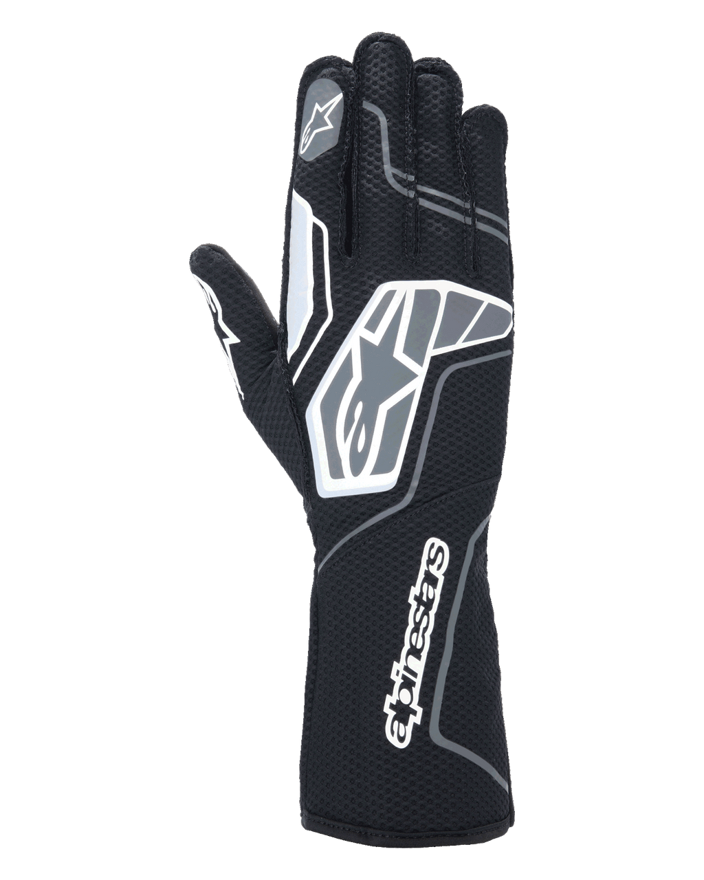 Alpinestars Tech-1 KX V4-handschoenen, karthandschoenen, zwart antraciet, achteraanzicht met ademend tweelaags mesh, grijze en witte grafische details, opvallende Alpinestars-branding op de pols en knokkels, gespecialiseerde race-uitrusting
