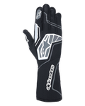Alpinestars Tech-1 KX V4-handschoenen, karthandschoenen, zwart antraciet, achteraanzicht met ademend tweelaags mesh, grijze en witte grafische details, opvallende Alpinestars-branding op de pols en knokkels, gespecialiseerde race-uitrusting