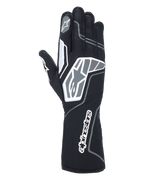 Alpinestars Tech-1 KX V4-handschoenen, karthandschoenen, zwart antraciet, achteraanzicht met ademend tweelaags mesh, grijze en witte grafische details, opvallende Alpinestars-branding op de pols en knokkels, gespecialiseerde race-uitrusting