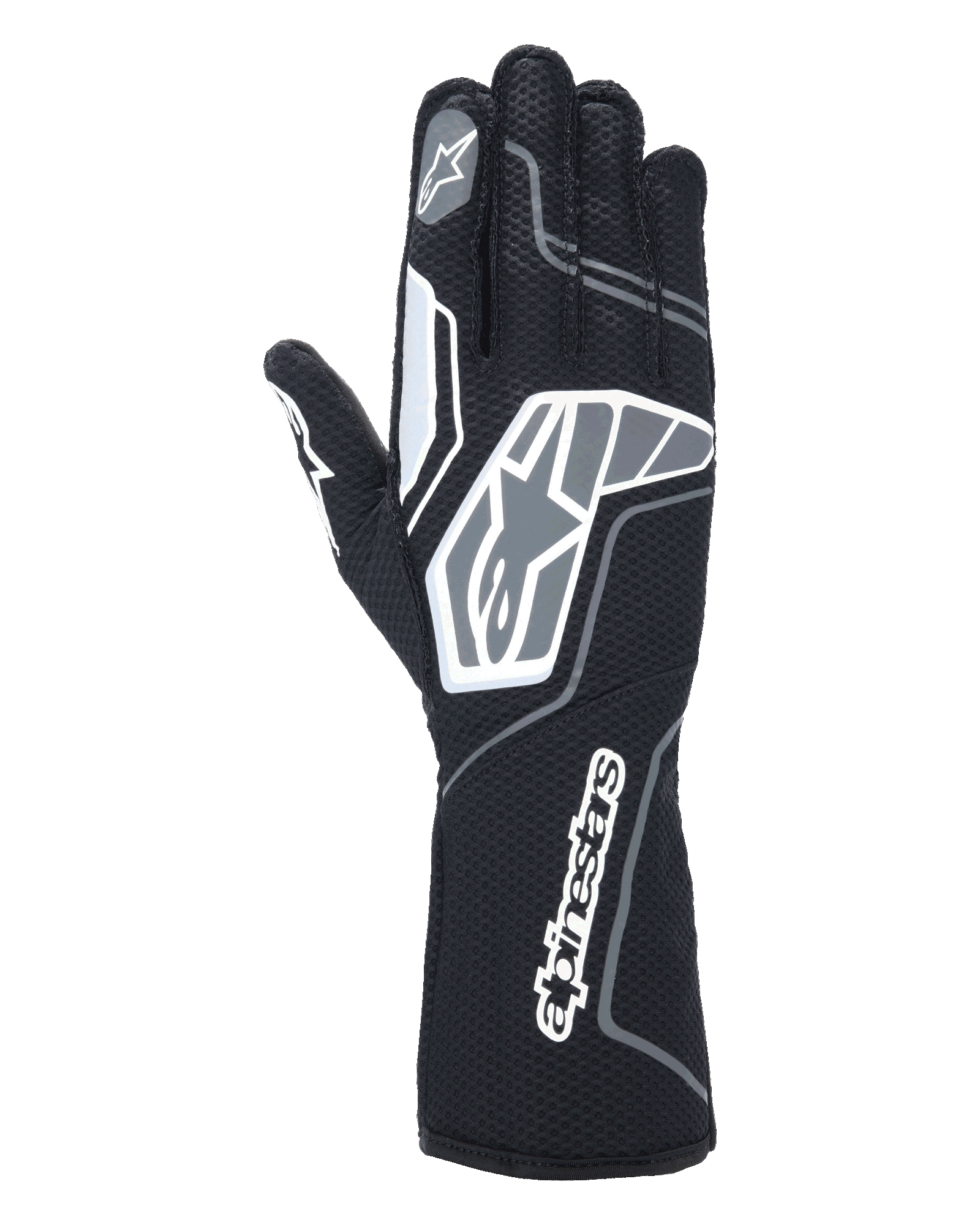 Alpinestars Tech-1 KX V4-handschoenen, karthandschoenen, zwart antraciet, achteraanzicht met ademend tweelaags mesh, grijze en witte grafische details, opvallende Alpinestars-branding op de pols en knokkels, gespecialiseerde race-uitrusting