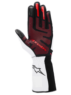 Alpinestars Tech-1 KX V4 handschoenen, karthandschoenen, zwart wit en rood, handpalmaanzicht met rood 3D-siliconen grippatroon, witte pols met zwart sterlogo, hoogwaardig motorsportontwerp