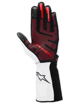 Alpinestars Tech-1 KX V4 Gloves, Karting Gloves, Black White and Red, palm view featuring red 3D silicone grip pattern, white wrist with black star logo, high-performance motorsport design