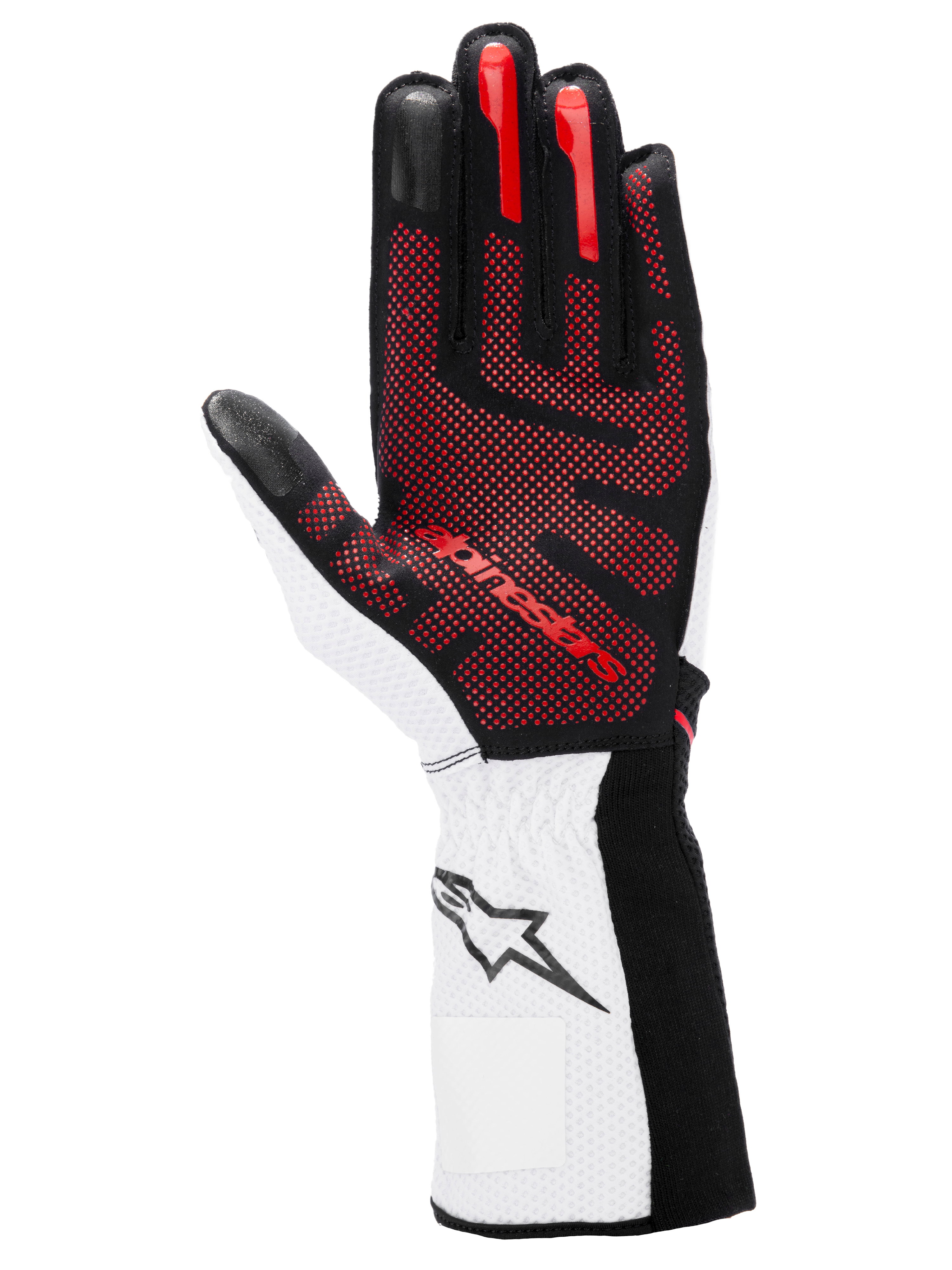 Alpinestars Tech-1 KX V4 handschoenen, karthandschoenen, zwart wit en rood, handpalmaanzicht met rood 3D-siliconen grippatroon, witte pols met zwart sterlogo, hoogwaardig motorsportontwerp