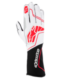 Alpinestars Tech-1 KX V4 handschoenen, karthandschoenen, zwart wit rood, voorzien van een ademende witte mesh bovenkant met rode Alpinestars logo's en een zwarte polsmanchet met wit woordmerk.