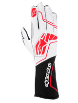 Alpinestars Tech-1 KX V4 Gloves, Karting Gloves, Black White Red, featuring a breathable white mesh upper with red Alpinestars logos and a black wrist cuff with white wordmark branding.