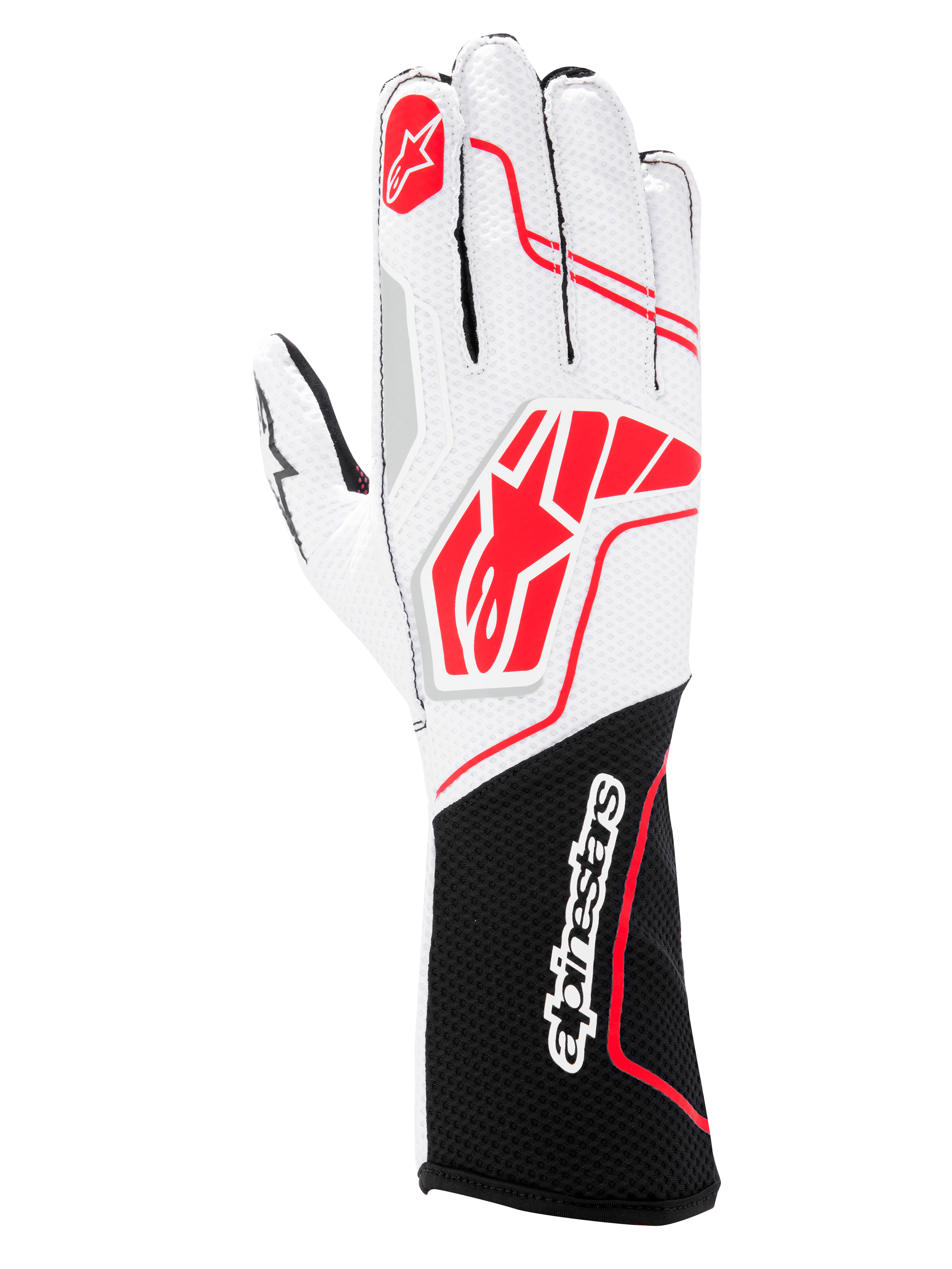 Alpinestars Tech-1 KX V4 handschoenen, karthandschoenen, zwart wit rood, voorzien van een ademende witte mesh bovenkant met rode Alpinestars logo's en een zwarte polsmanchet met wit woordmerk.