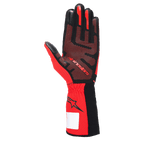 Alpinestars Tech-1 KX V4 handschoenen, karthandschoenen, zwart en rood, zicht op handpalm met 3D-siliconen grippatroon, ademend rood mesh-materiaal en wit identificatielabel op de pols