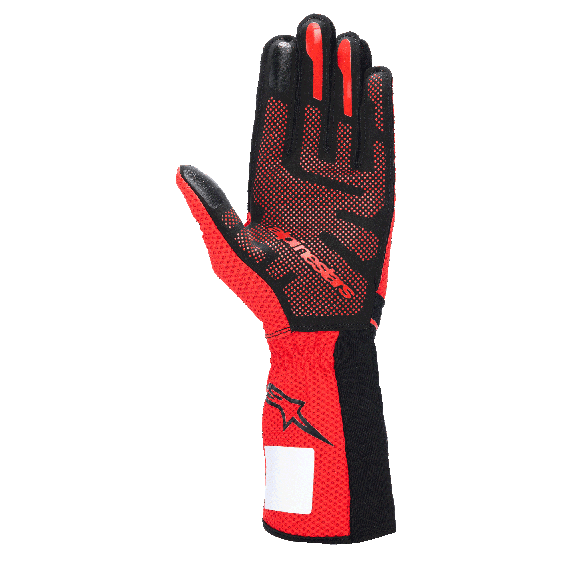 Alpinestars Tech-1 KX V4 handschoenen, karthandschoenen, zwart en rood, zicht op handpalm met 3D-siliconen grippatroon, ademend rood mesh-materiaal en wit identificatielabel op de pols