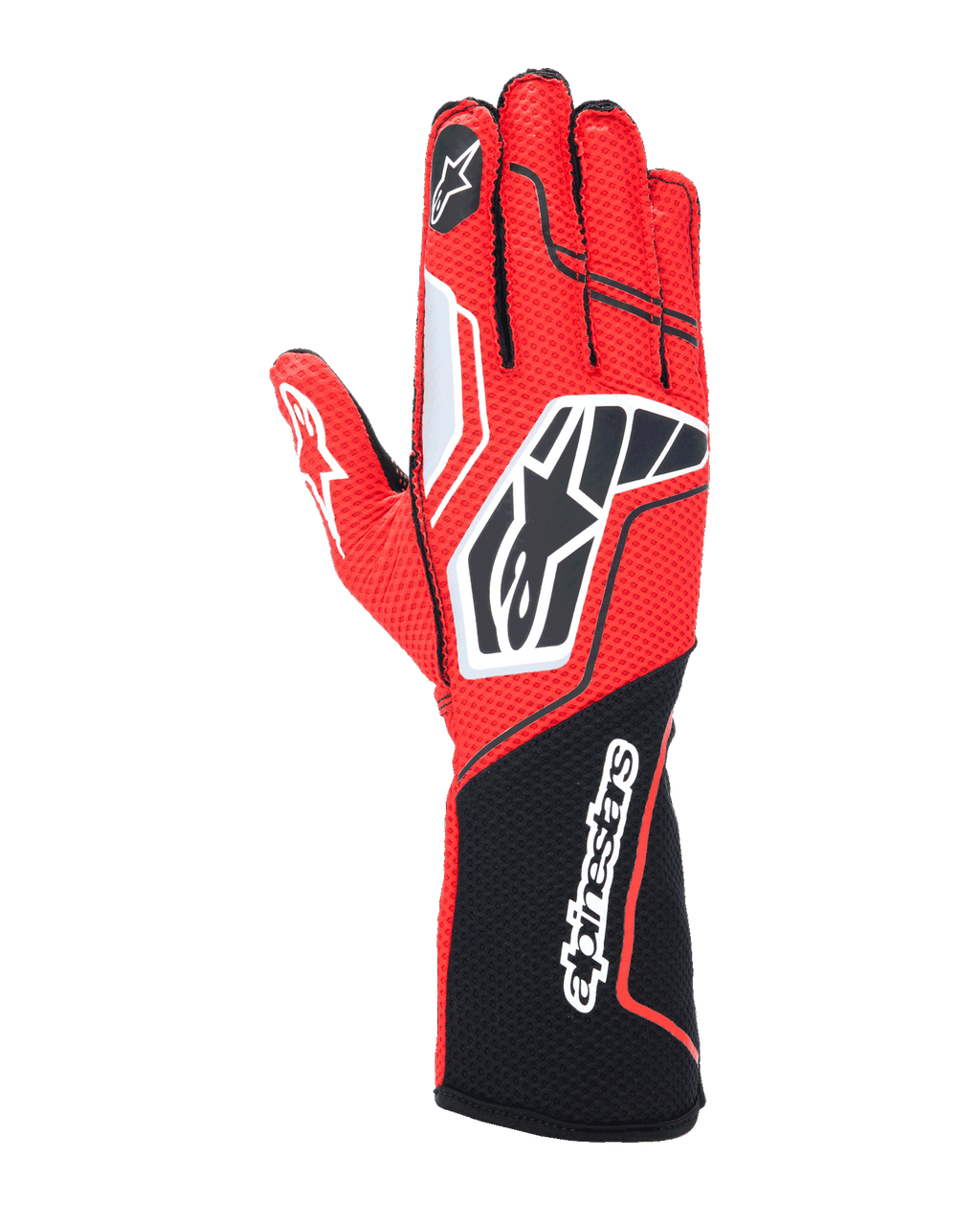 Alpinestars Tech-1 KX V4 handschoenen, karting racinghandschoenen, rood en zwart met witte accenten, ademende mesh-constructie, opvallend Star-logo op de rug van de hand, lange manchet met Alpinestars-tekst, professionele motorsportuitrusting