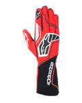 Alpinestars Tech-1 KX V4 handschoenen, karting racinghandschoenen, rood en zwart met witte accenten, ademende mesh-constructie, opvallend Star-logo op de rug van de hand, lange manchet met Alpinestars-tekst, professionele motorsportuitrusting