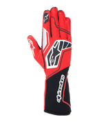 Alpinestars Tech-1 KX V4 handschoenen, karting racinghandschoenen, rood en zwart met witte accenten, ademende mesh-constructie, opvallend Star-logo op de rug van de hand, lange manchet met Alpinestars-tekst, professionele motorsportuitrusting