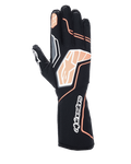 Alpinestars Tech-1 KX V4 handschoenen, karthandschoenen, zwart en fluoriserend oranje, met ademende mesh-constructie, oranje en witte grafische details, Alpinestars-logo op de knokkels en manchet, professioneel race-ontwerp